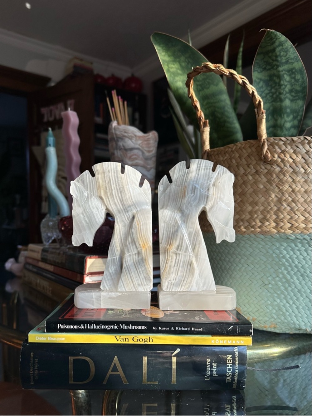 Vintage Pair Carved Onyx Stone Trojan Horse Head Bookends 6 1/4”